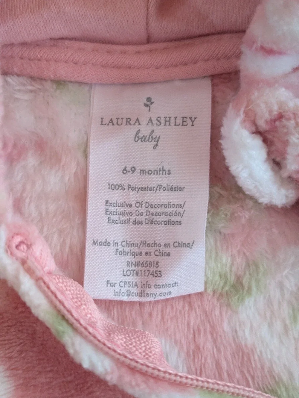 Laura Ashley Baby Pink Rose Snowsuit Plush Faux Fur Size 6-9 m Excellent